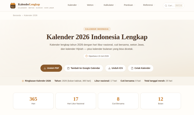 Tampilan desktop kalender 2026