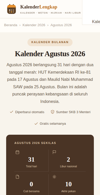 Tampilan ponsel kalender 2026