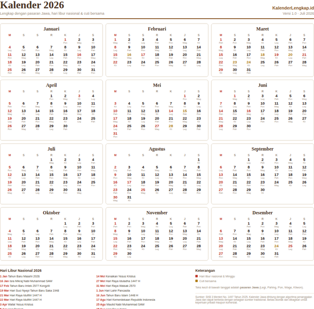 Hasil cetak A4 kalender 2026