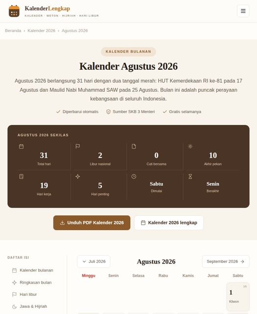 Tampilan tablet kalender 2026